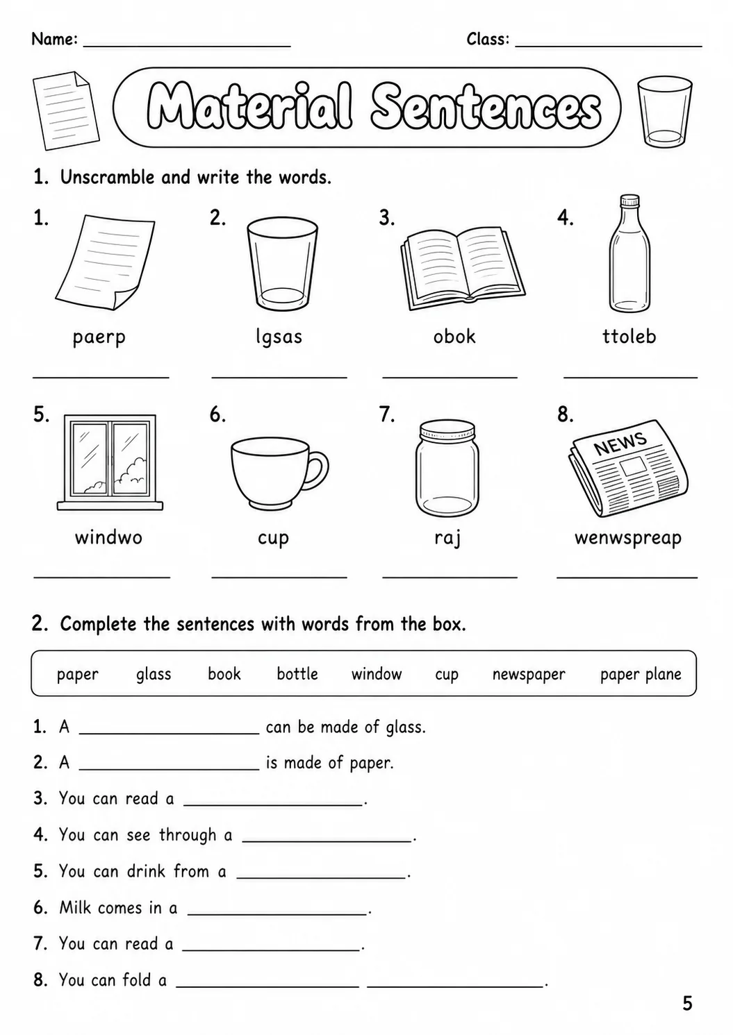 Materials Movers Vocabulary Worksheet Pack page 6 printable worksheet preview