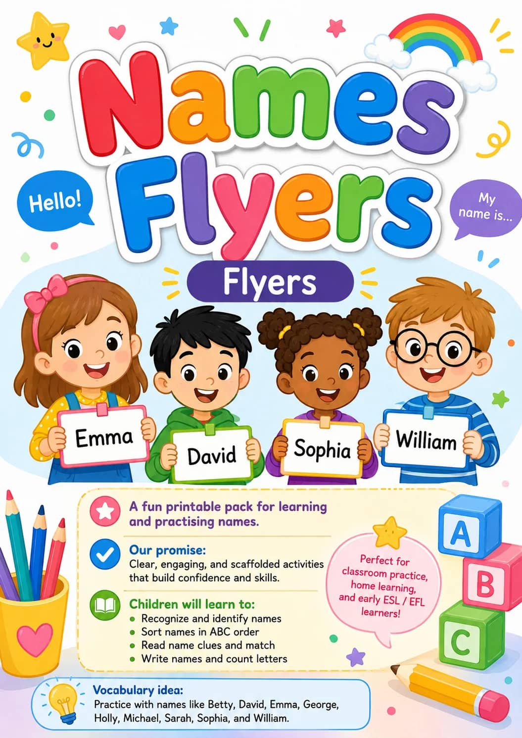 Names Flyers Vocabulary Worksheet Pack printable Flyers English worksheet pack preview from KiwiBee