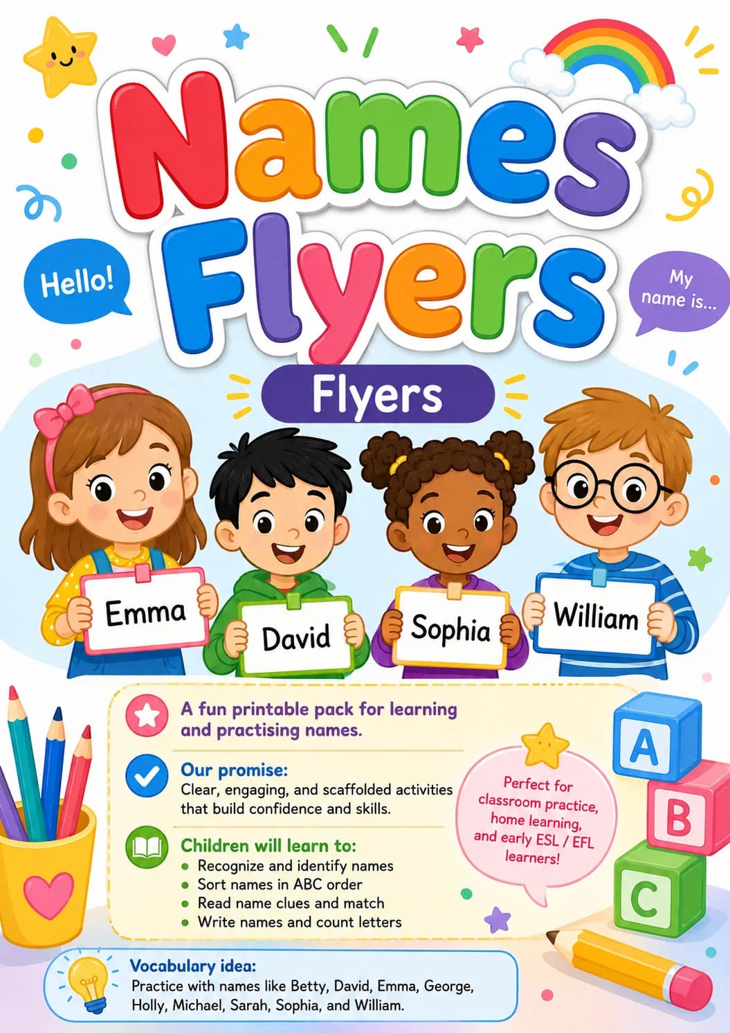 Names Flyers Vocabulary Worksheet Pack printable Flyers English worksheet pack preview from KiwiBee