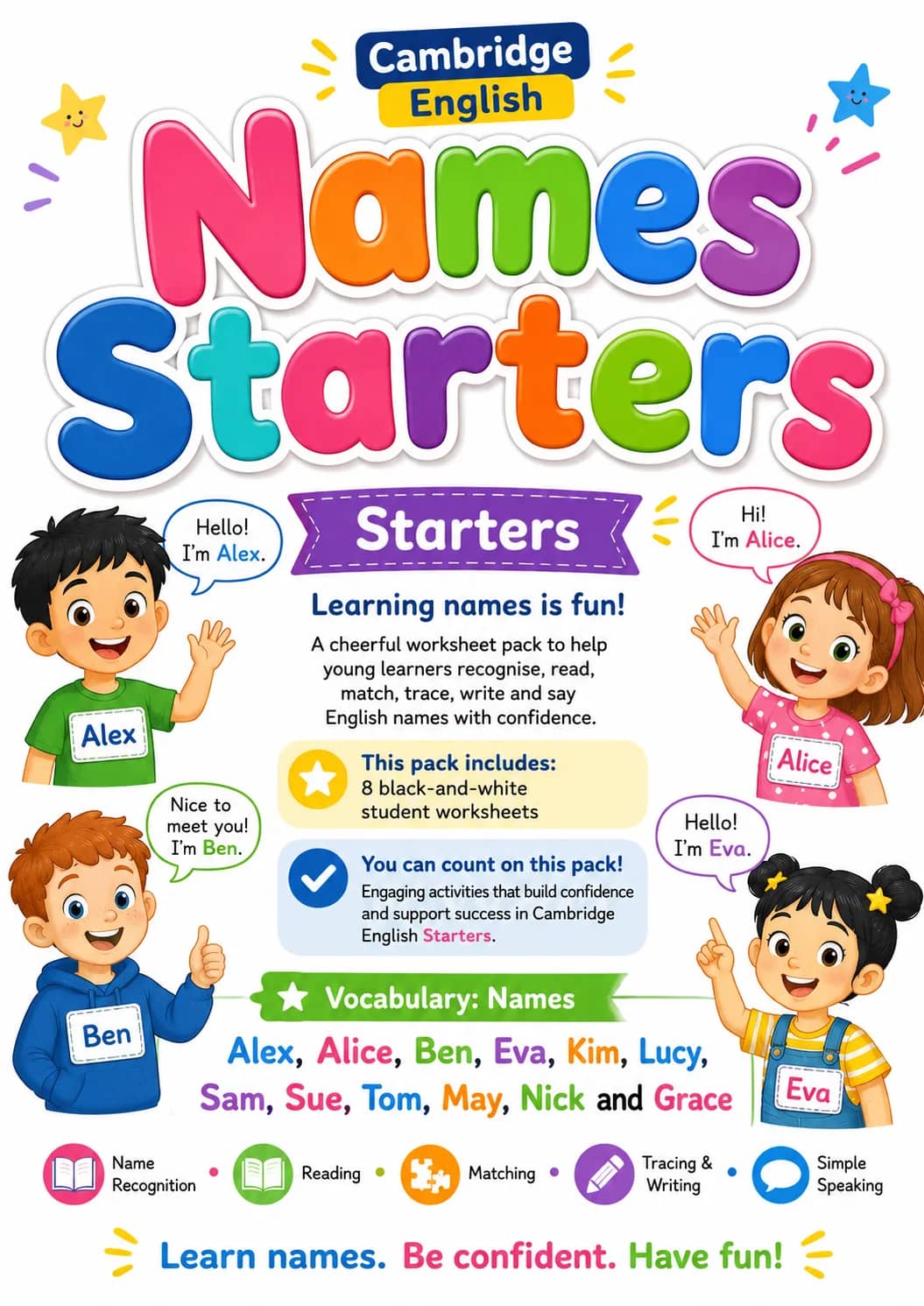 Names Starters Vocabulary Worksheet Pack printable Starters English worksheet pack preview from KiwiBee