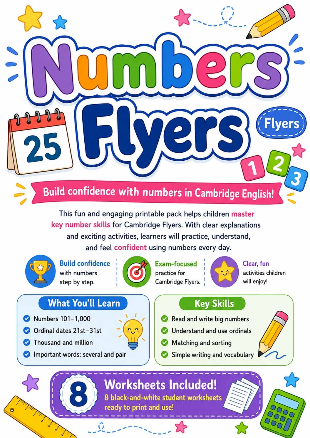 Numbers Flyers Vocabulary Worksheet Pack printable Flyers English worksheet pack preview from KiwiBee