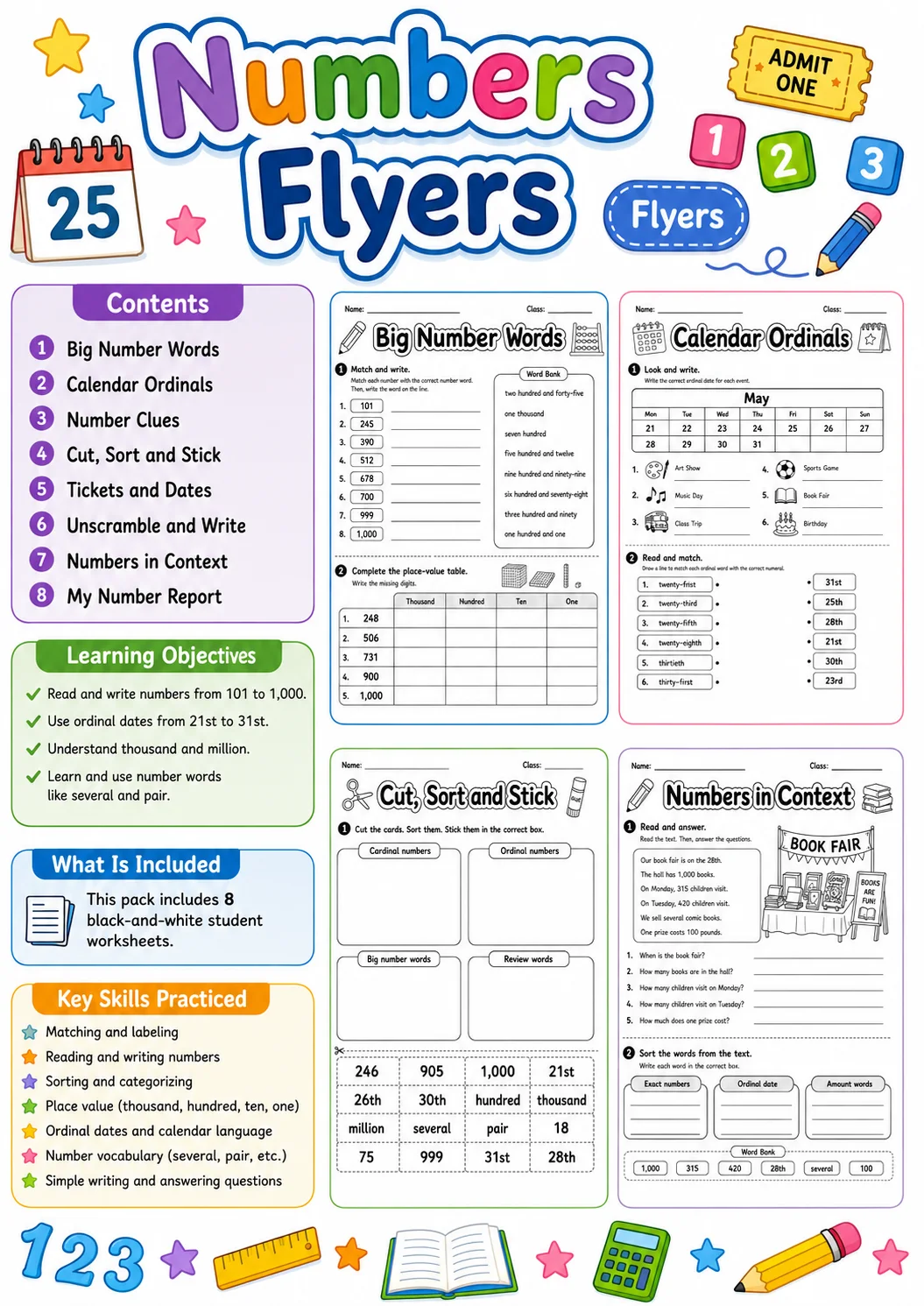 Numbers Flyers Vocabulary Worksheet Pack page 2 printable worksheet preview