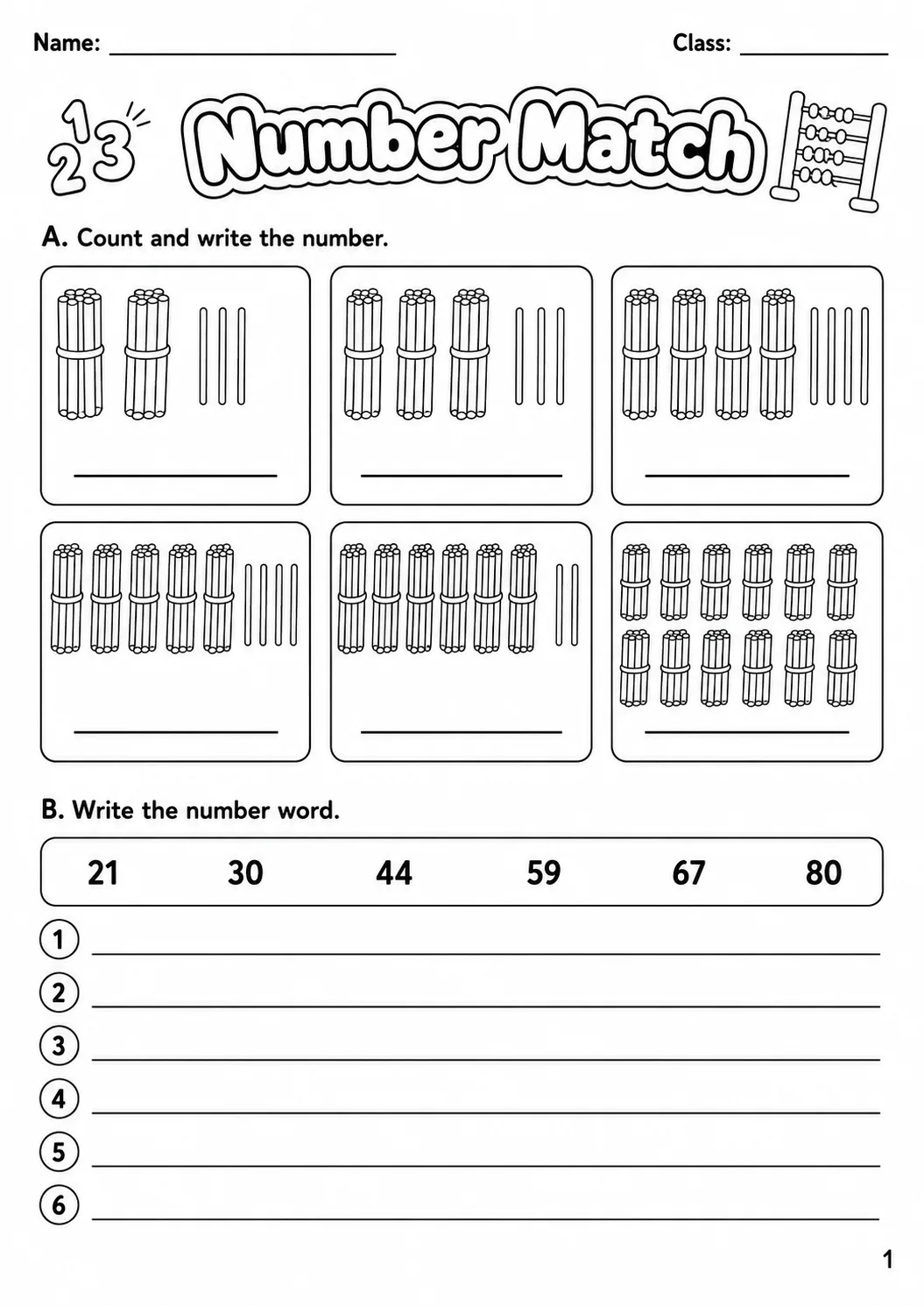 Numbers Movers Vocabulary Worksheet Pack page 3 printable worksheet preview
