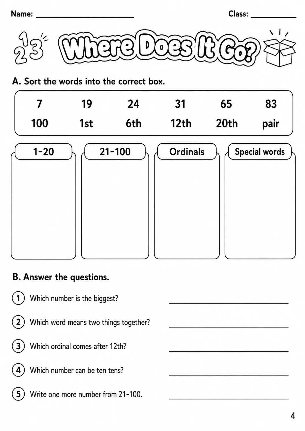 Numbers Movers Vocabulary Worksheet Pack page 7 printable worksheet preview