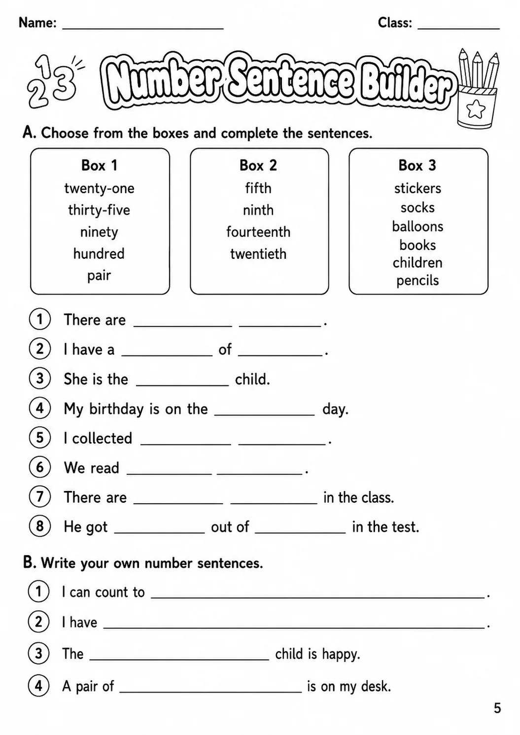 Numbers Movers Vocabulary Worksheet Pack page 9 printable worksheet preview