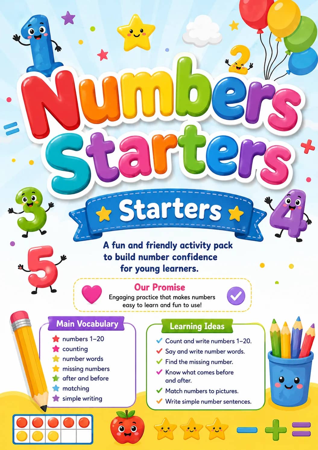 Numbers Starters Vocabulary Worksheet Pack printable Starters English worksheet pack preview from KiwiBee