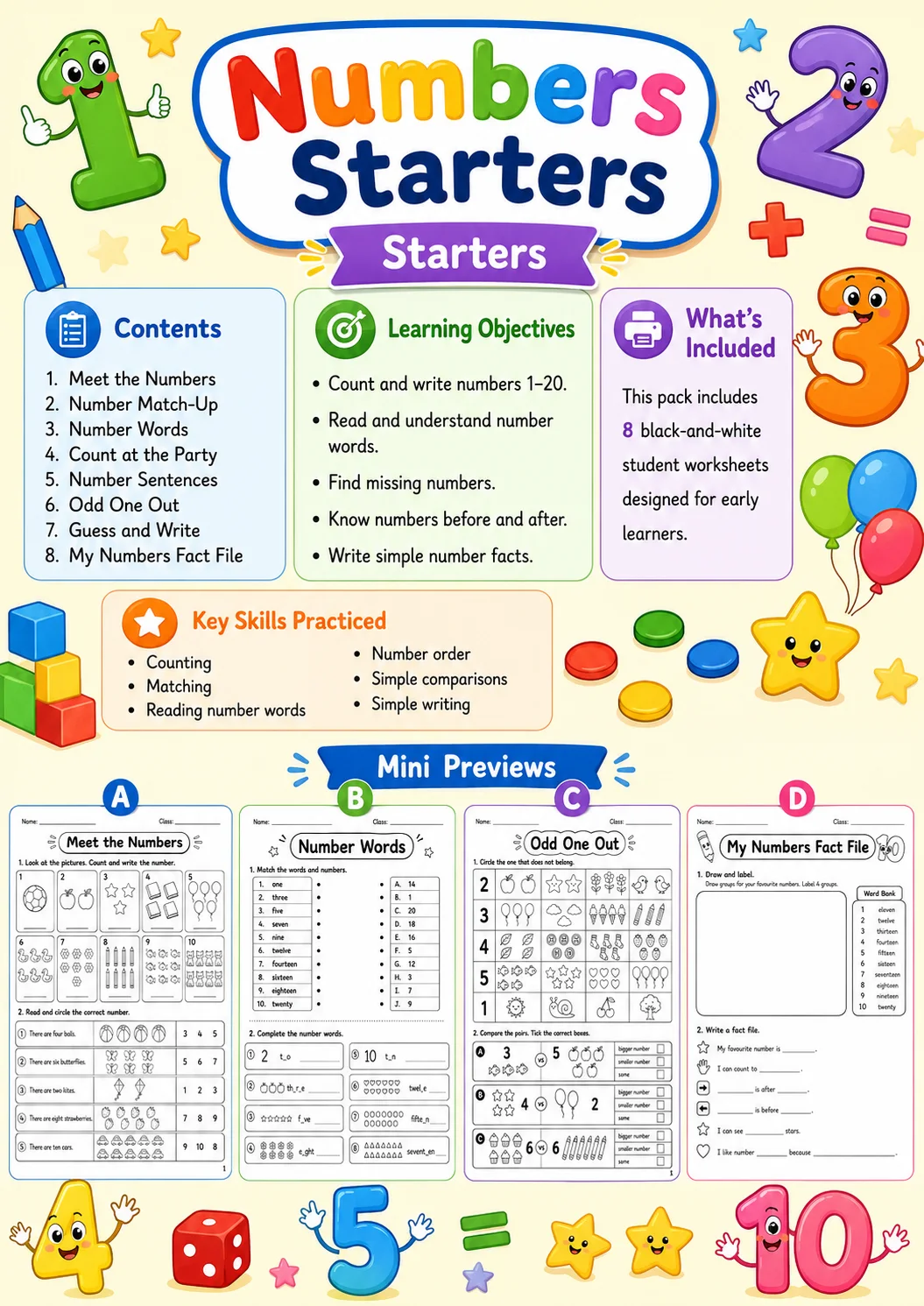 Numbers Starters Vocabulary Worksheet Pack page 2 printable worksheet preview