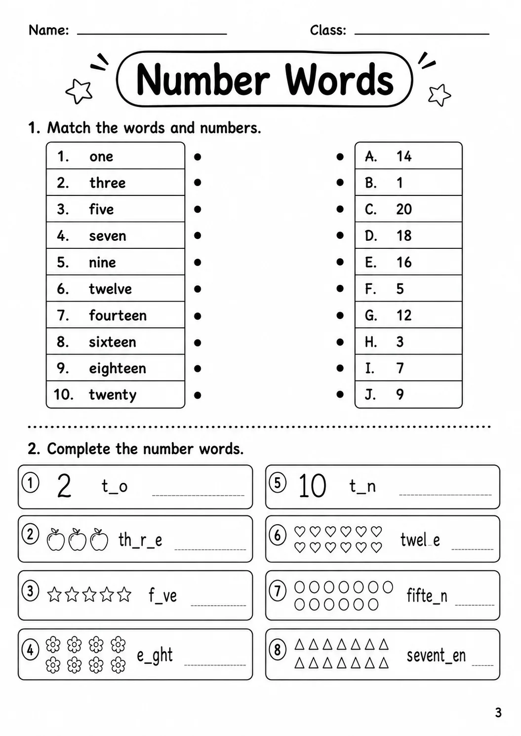 Numbers Starters Vocabulary Worksheet Pack page 5 printable worksheet preview