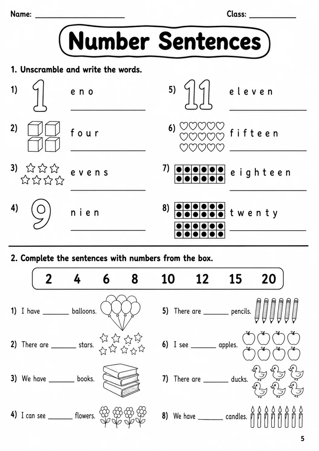 Numbers Starters Vocabulary Worksheet Pack page 7 printable worksheet preview