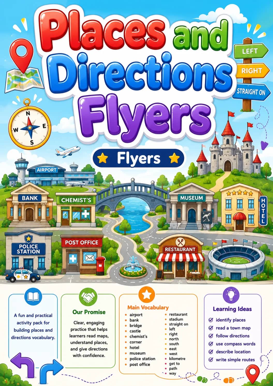 Places and Directions Flyers Vocabulary Worksheet Pack printable Flyers English worksheet pack preview from KiwiBee