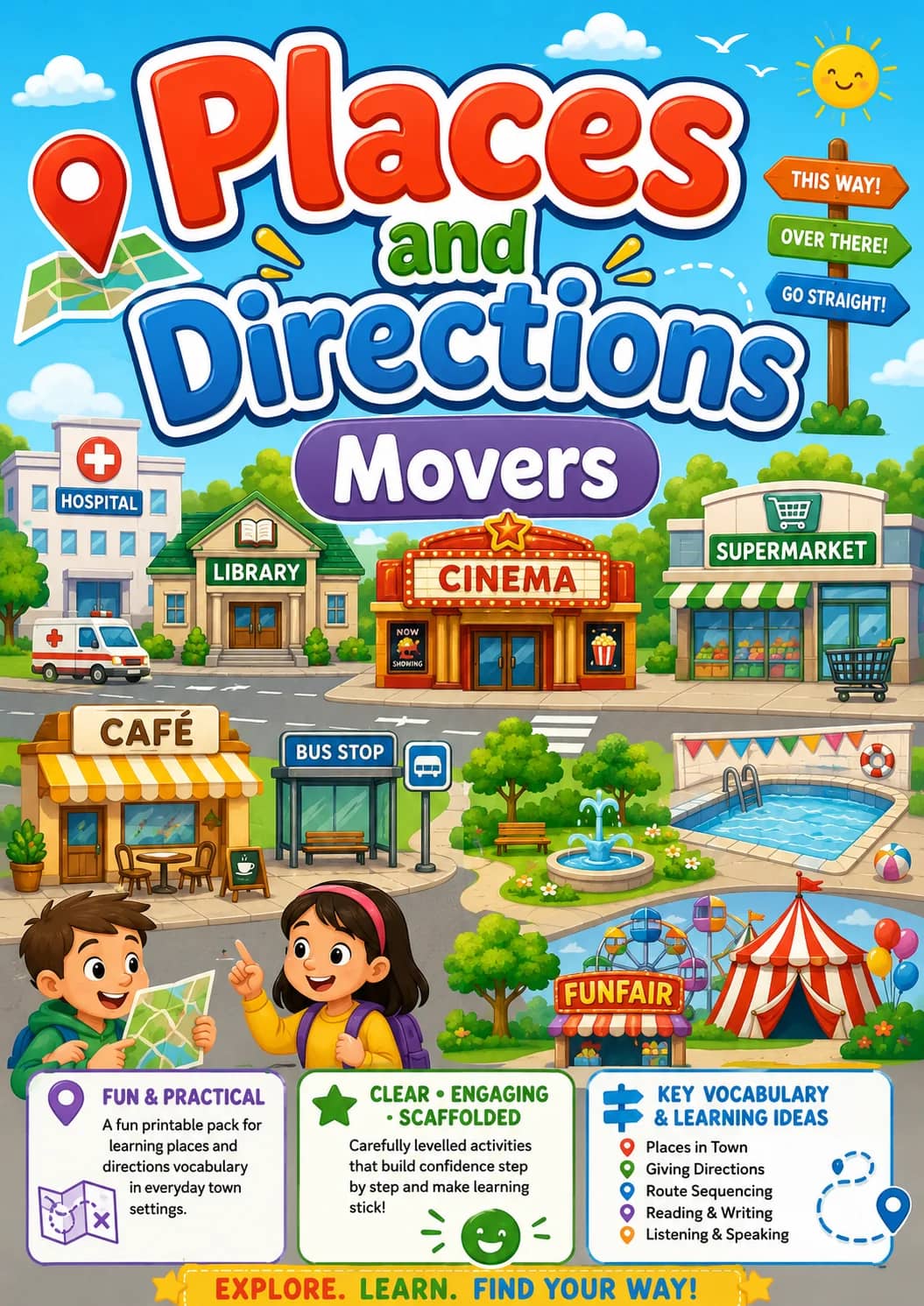 Places and Directions Movers Vocabulary Worksheet Pack printable Movers English worksheet pack preview from KiwiBee