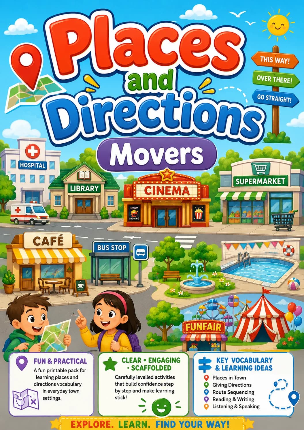 Places and Directions Movers Vocabulary Worksheet Pack printable Movers English worksheet pack preview from KiwiBee