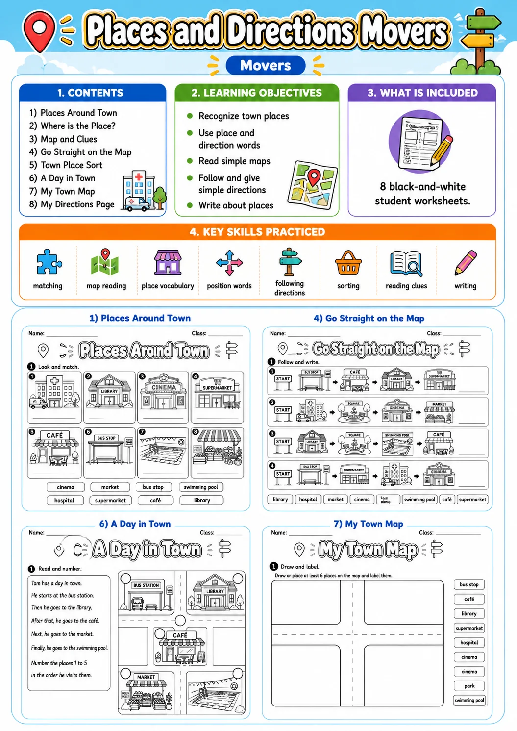 Places and Directions Movers Vocabulary Worksheet Pack page 2 printable worksheet preview
