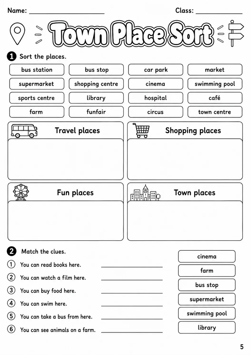 Places and Directions Movers Vocabulary Worksheet Pack page 7 printable worksheet preview