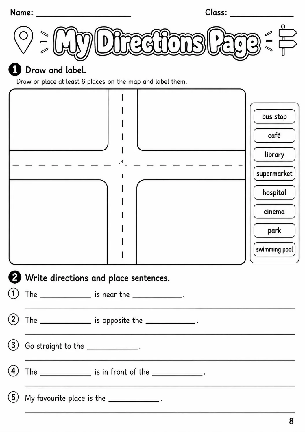 Places and Directions Movers Vocabulary Worksheet Pack page 10 printable worksheet preview