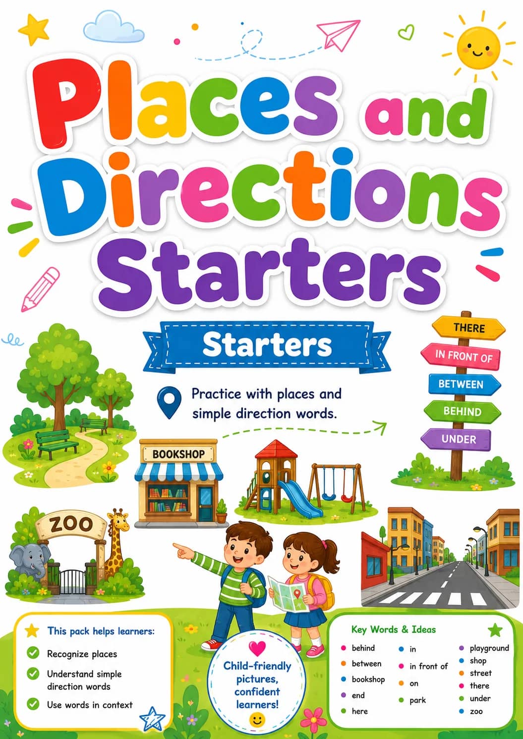 Places and Directions Starters Vocabulary Worksheet Pack printable Starters English worksheet pack preview from KiwiBee