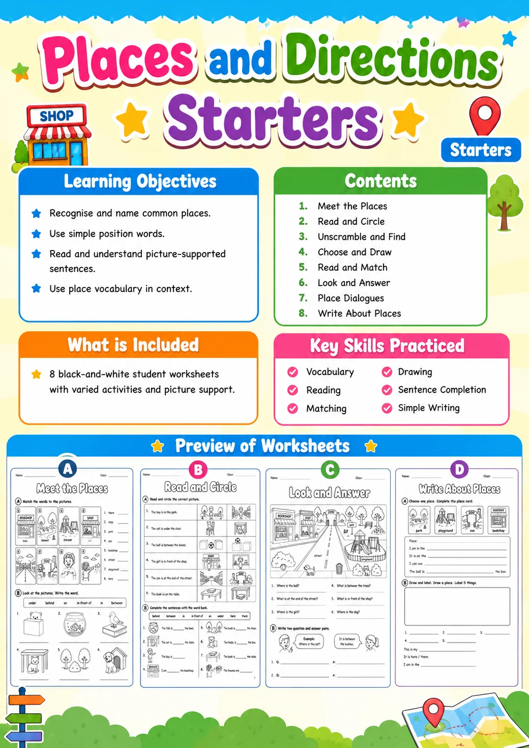 Places and Directions Starters Vocabulary Worksheet Pack page 2 printable worksheet preview
