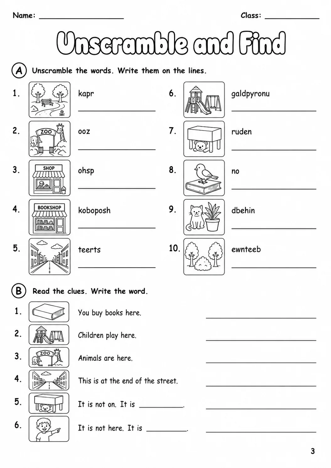 Places and Directions Starters Vocabulary Worksheet Pack page 5 printable worksheet preview
