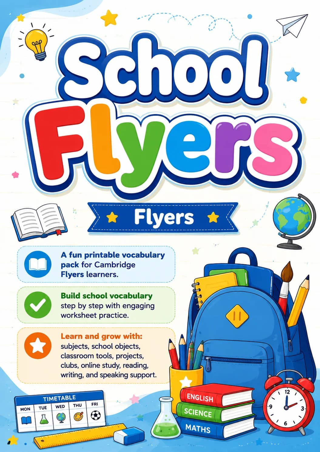School Flyers Vocabulary Worksheet Pack printable Flyers English worksheet pack preview from KiwiBee