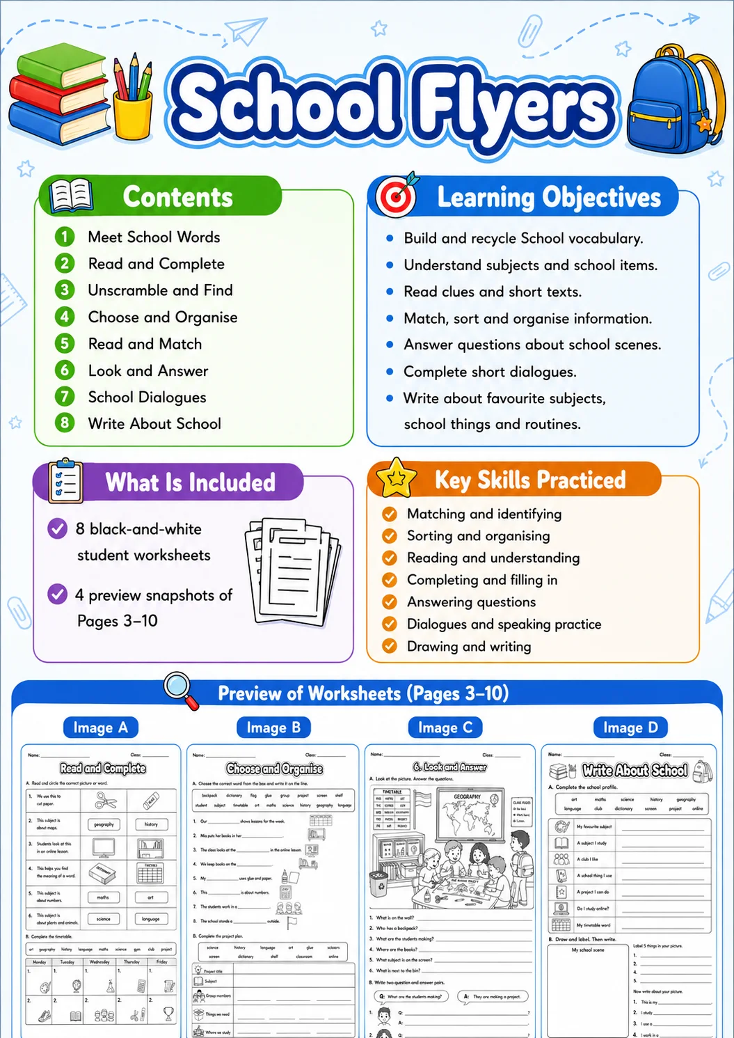 School Flyers Vocabulary Worksheet Pack page 2 printable worksheet preview