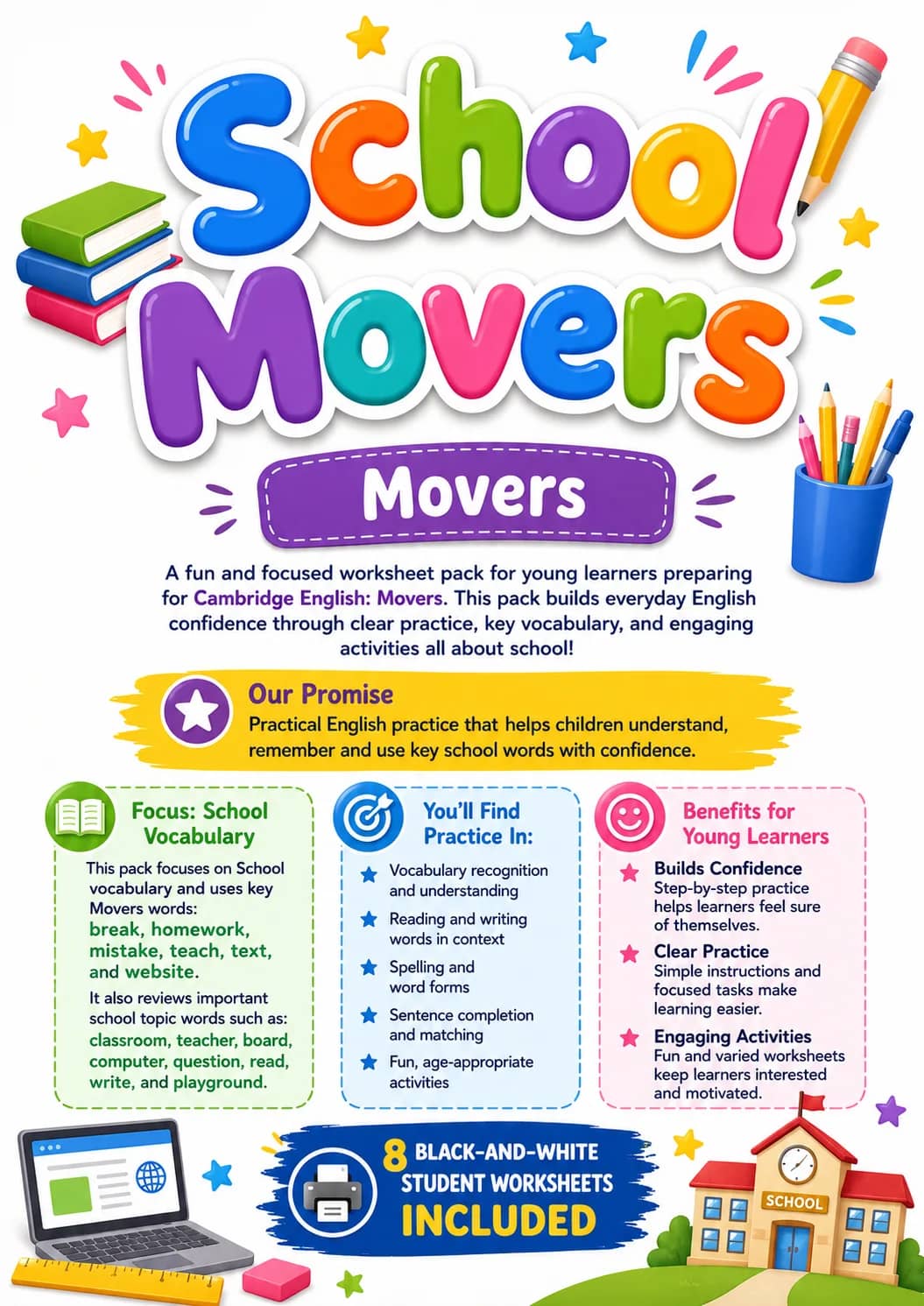 School Movers Vocabulary Worksheet Pack printable Movers English worksheet pack preview from KiwiBee