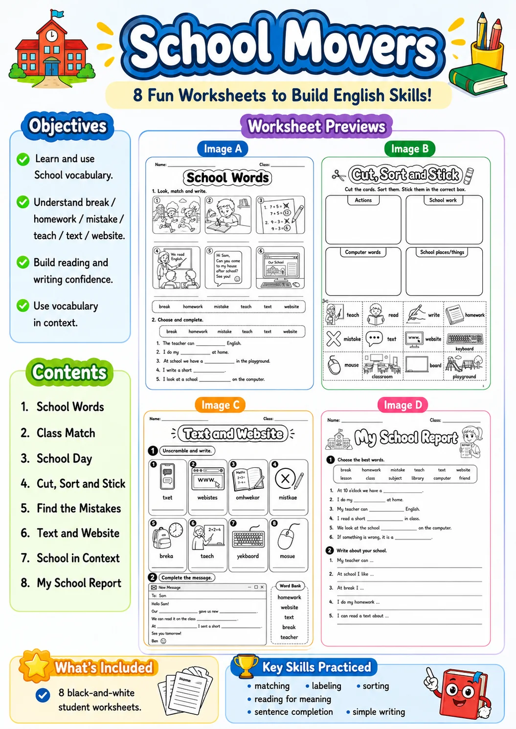 School Movers Vocabulary Worksheet Pack page 2 printable worksheet preview