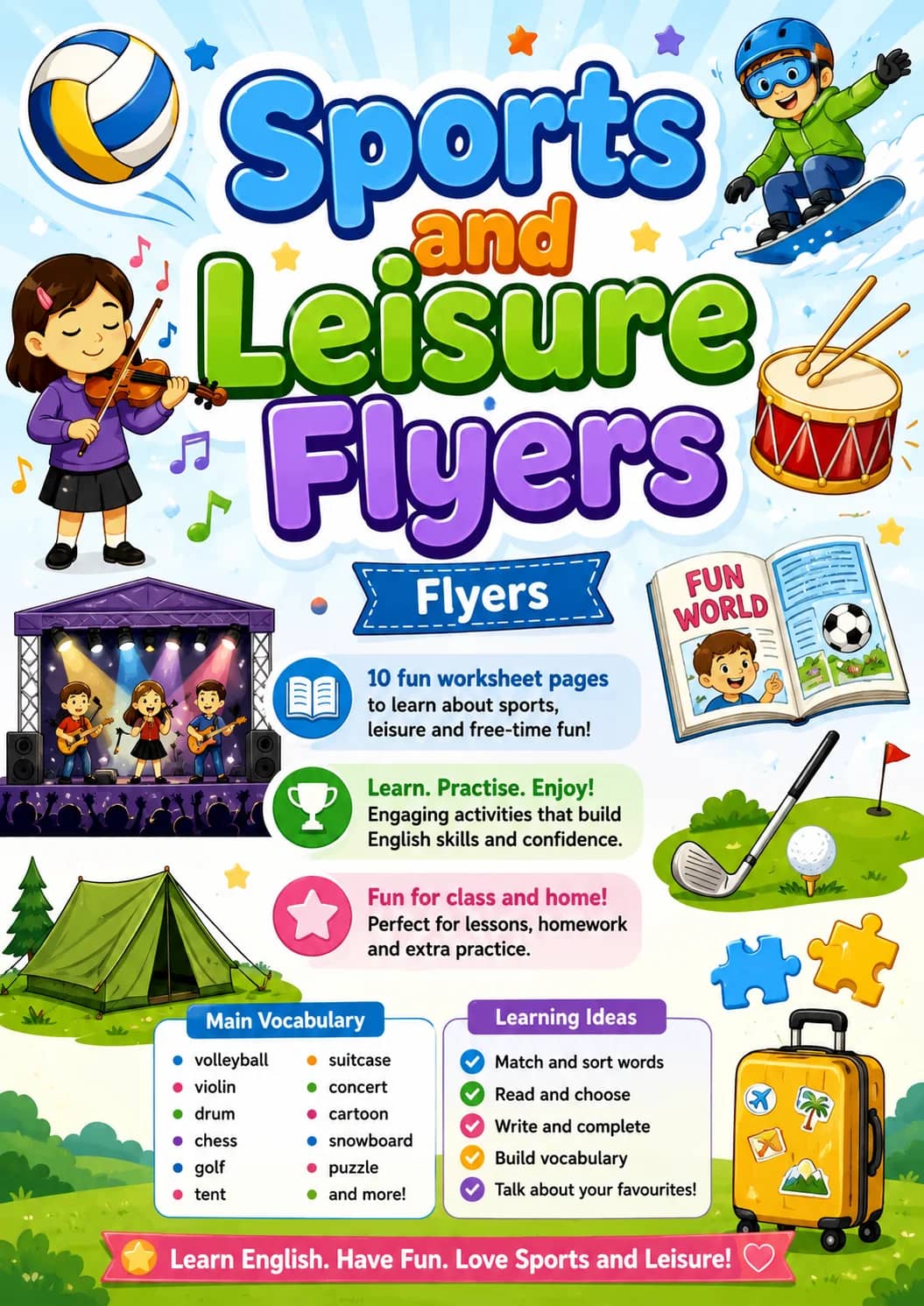Sports and Leisure Flyers Vocabulary Worksheet Pack printable Flyers English worksheet pack preview from KiwiBee