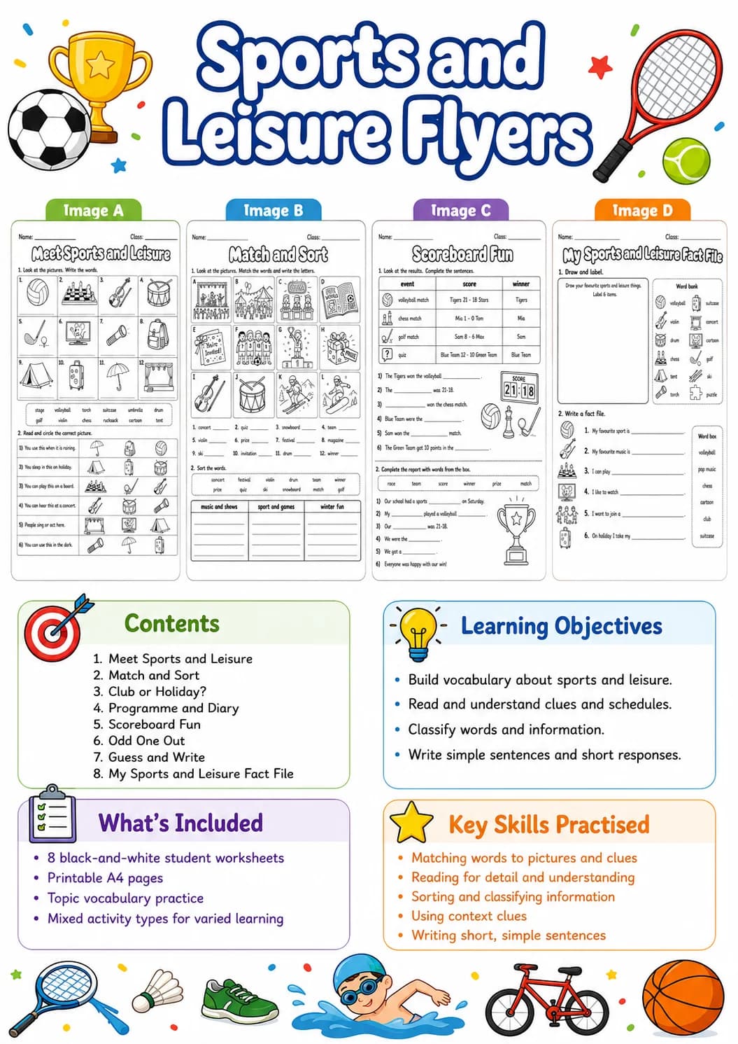 Sports and Leisure Flyers Vocabulary Worksheet Pack page 2 printable worksheet preview