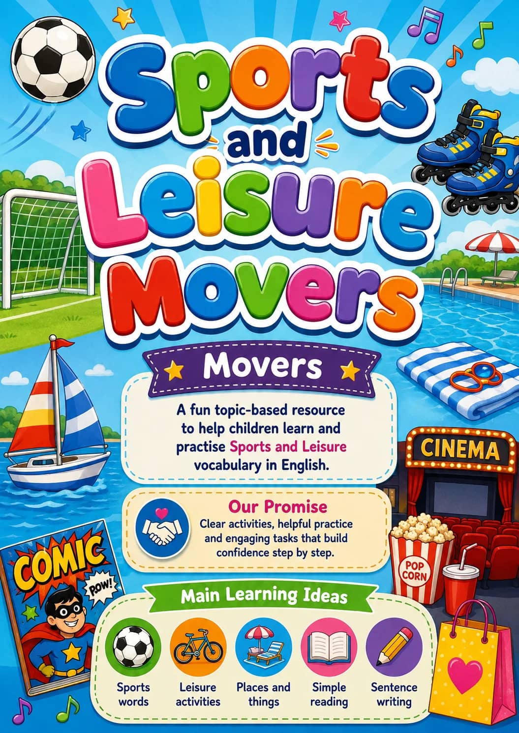 Sports and Leisure Movers Vocabulary Worksheet Pack printable Movers English worksheet pack preview from KiwiBee