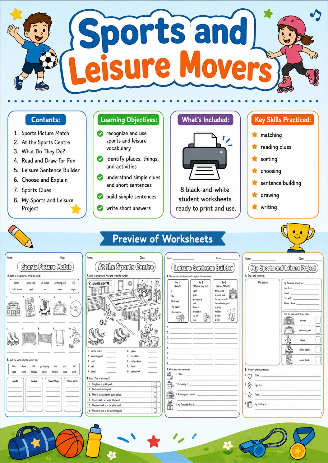 Sports and Leisure Movers Vocabulary Worksheet Pack page 2 printable worksheet preview