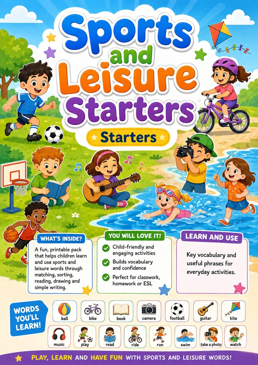 Sports and Leisure Starters Vocabulary Worksheet Pack printable Starters English worksheet pack preview from KiwiBee