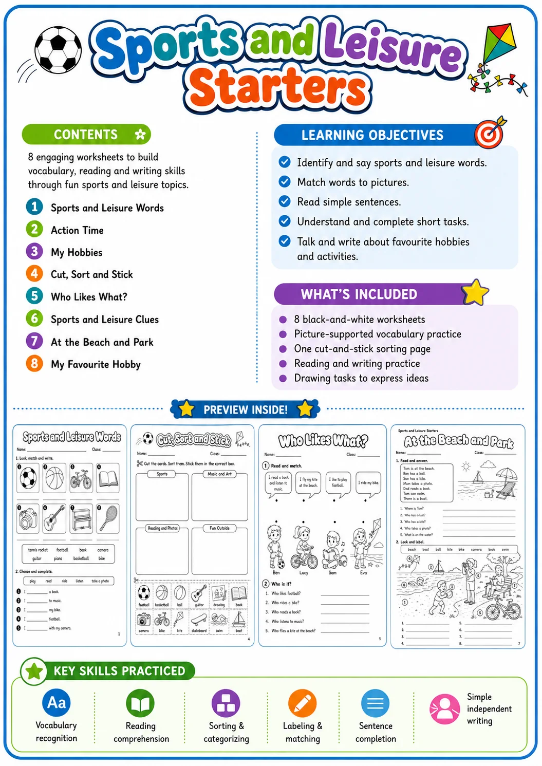 Sports and Leisure Starters Vocabulary Worksheet Pack page 2 printable worksheet preview