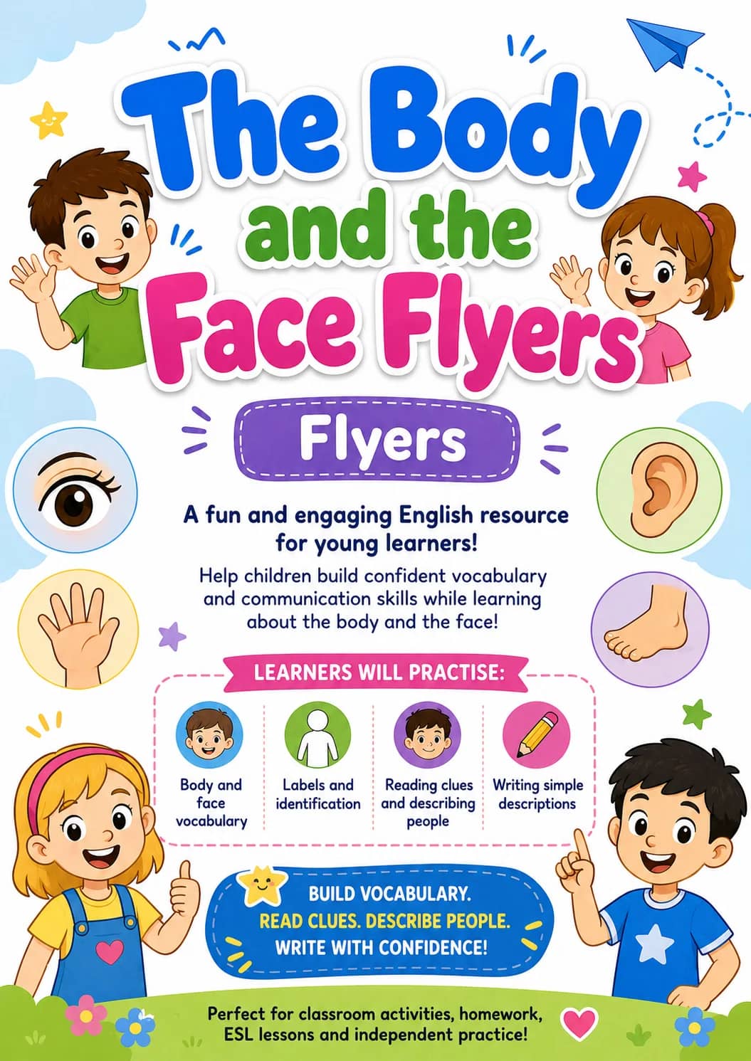 The Body and the Face Flyers Vocabulary Worksheet Pack printable Flyers English worksheet pack preview from KiwiBee