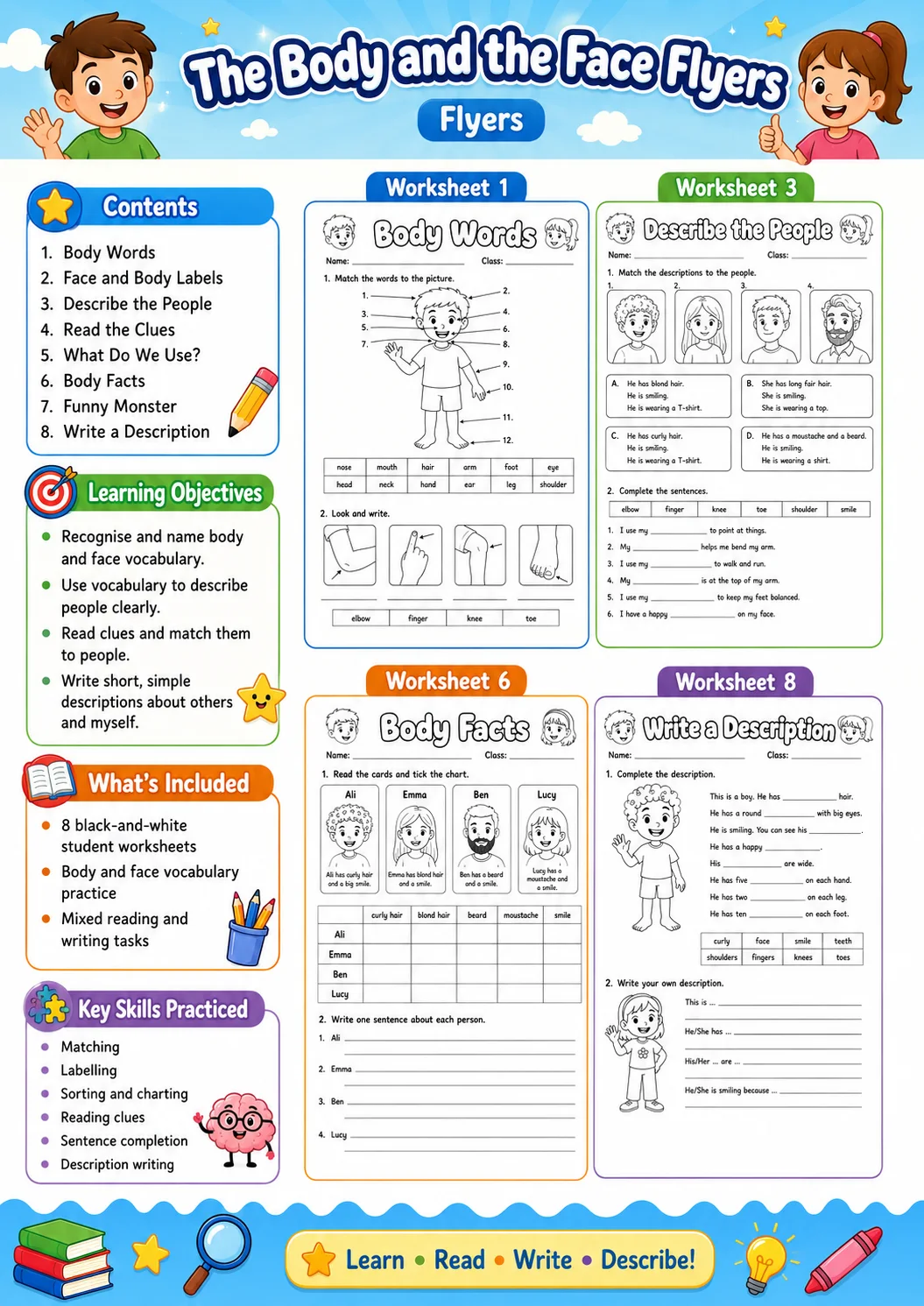 The Body and the Face Flyers Vocabulary Worksheet Pack page 2 printable worksheet preview