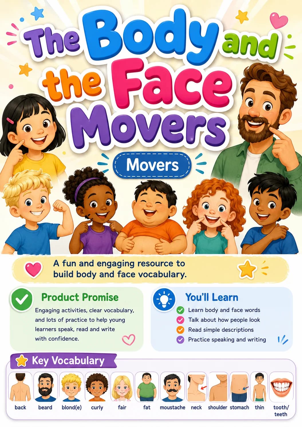 The Body and the Face Movers Vocabulary Worksheet Pack printable Movers English worksheet pack preview from KiwiBee