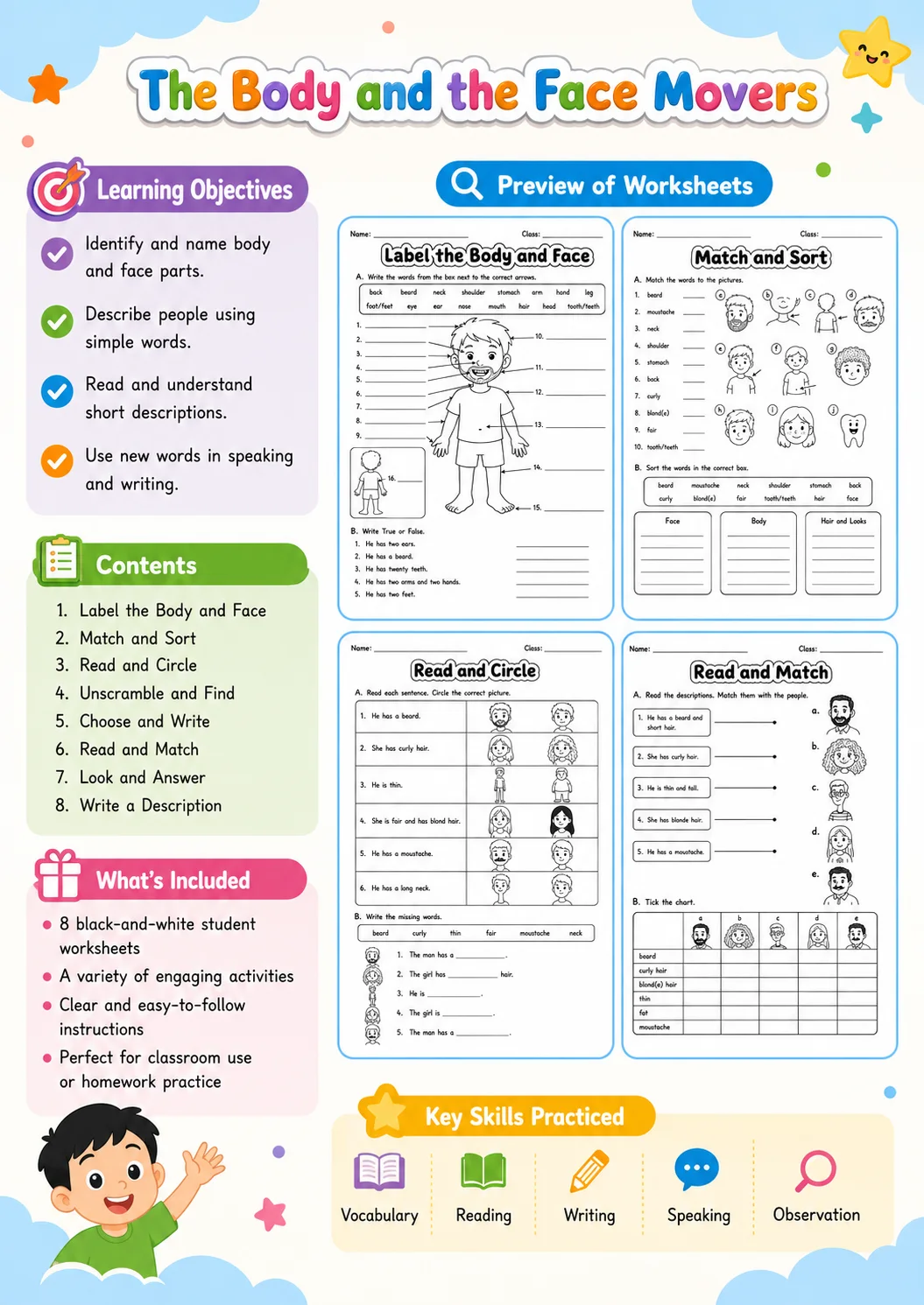 The Body and the Face Movers Vocabulary Worksheet Pack page 2 printable worksheet preview