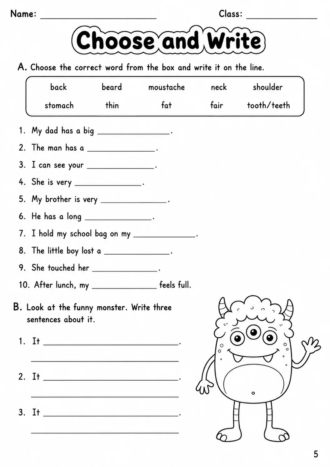 The Body and the Face Movers Vocabulary Worksheet Pack page 7 printable worksheet preview