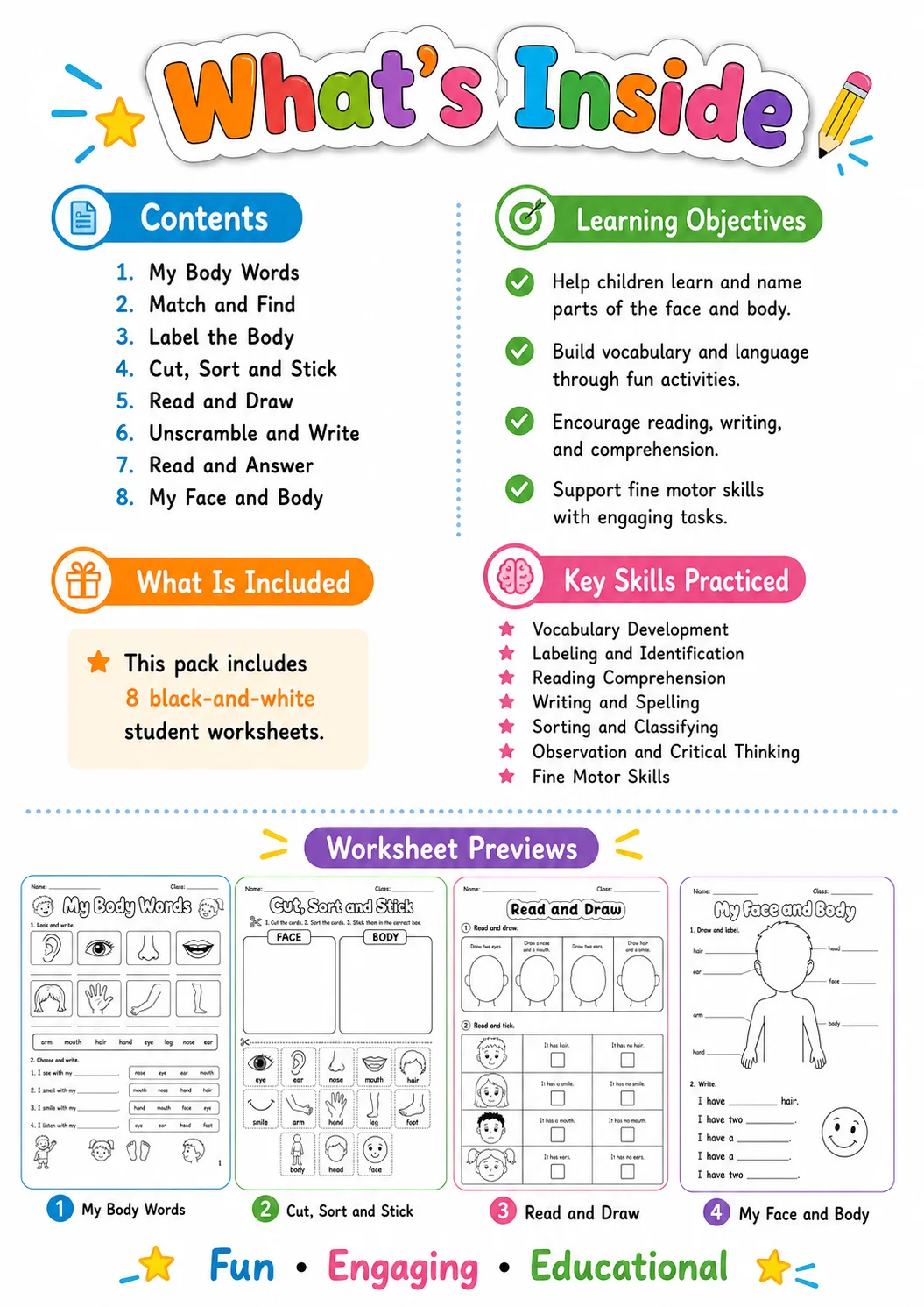 The Body and the Face Starters Vocabulary Worksheet Pack page 3 printable worksheet preview