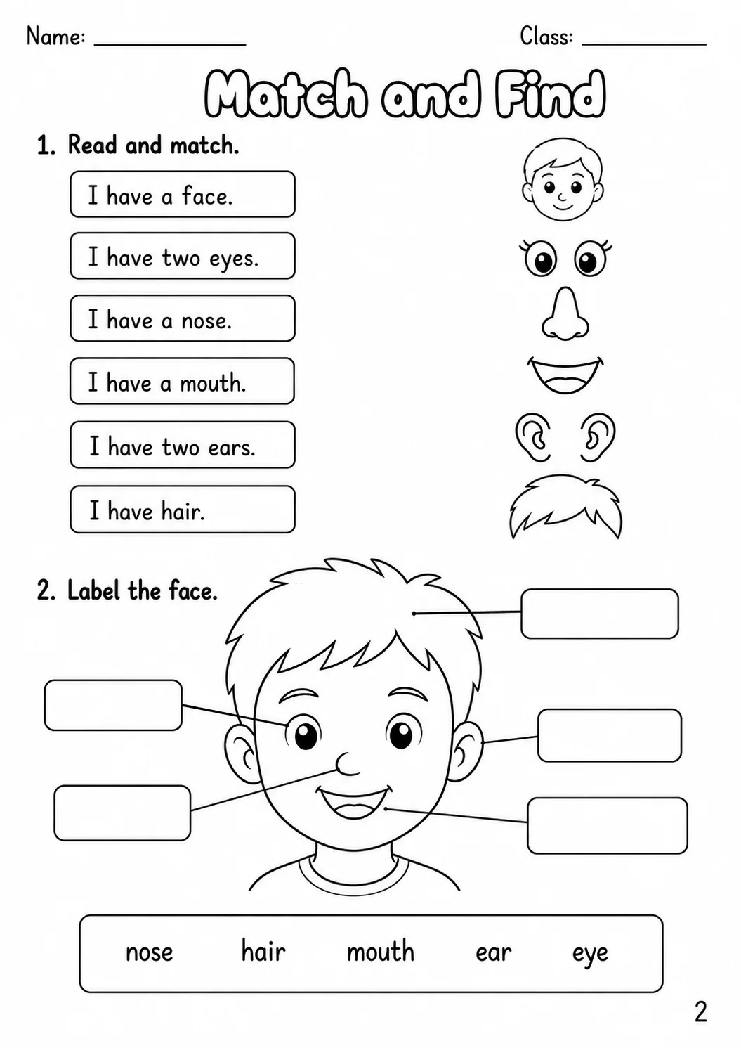 The Body and the Face Starters Vocabulary Worksheet Pack page 5 printable worksheet preview