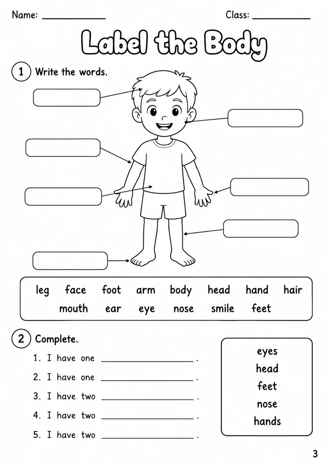 The Body and the Face Starters Vocabulary Worksheet Pack page 6 printable worksheet preview