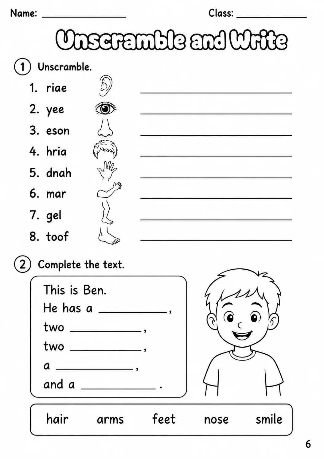 The Body and the Face Starters Vocabulary Worksheet Pack page 9 printable worksheet preview