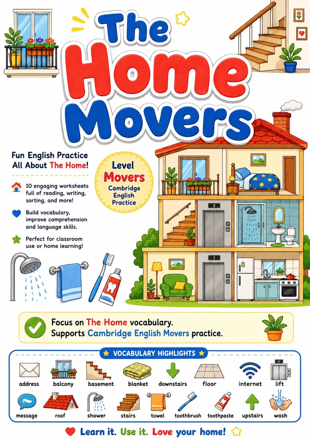 The Home Movers Vocabulary Worksheet Pack printable Movers English worksheet pack preview from KiwiBee