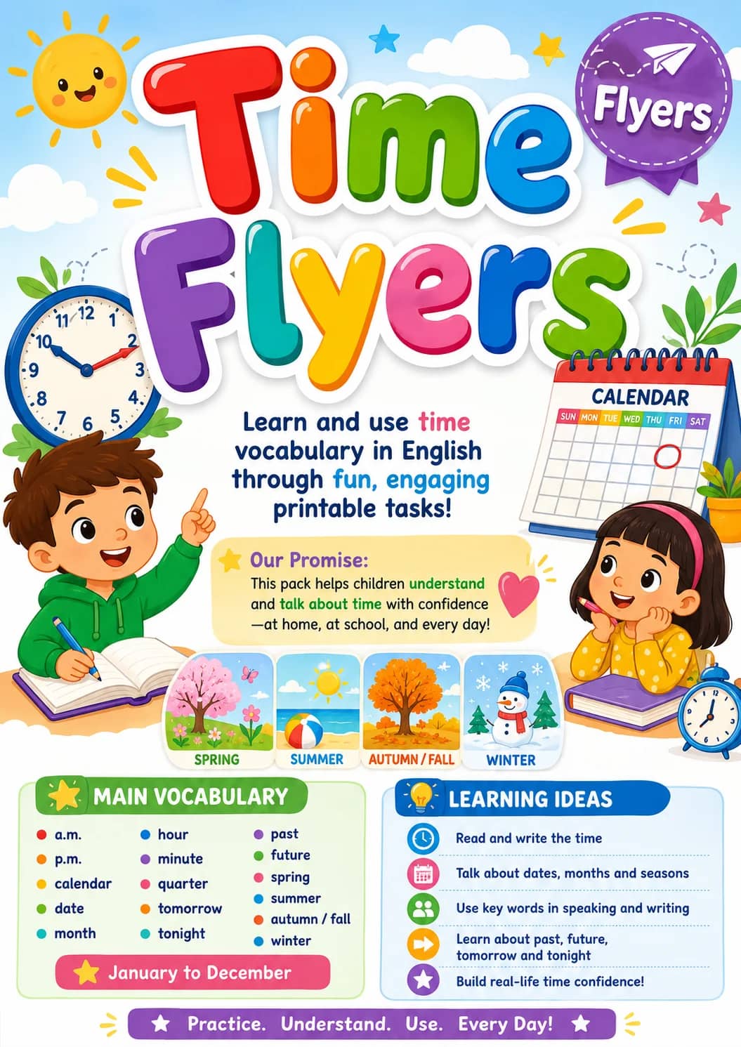 Time Flyers Vocabulary Worksheet Pack printable Flyers English worksheet pack preview from KiwiBee