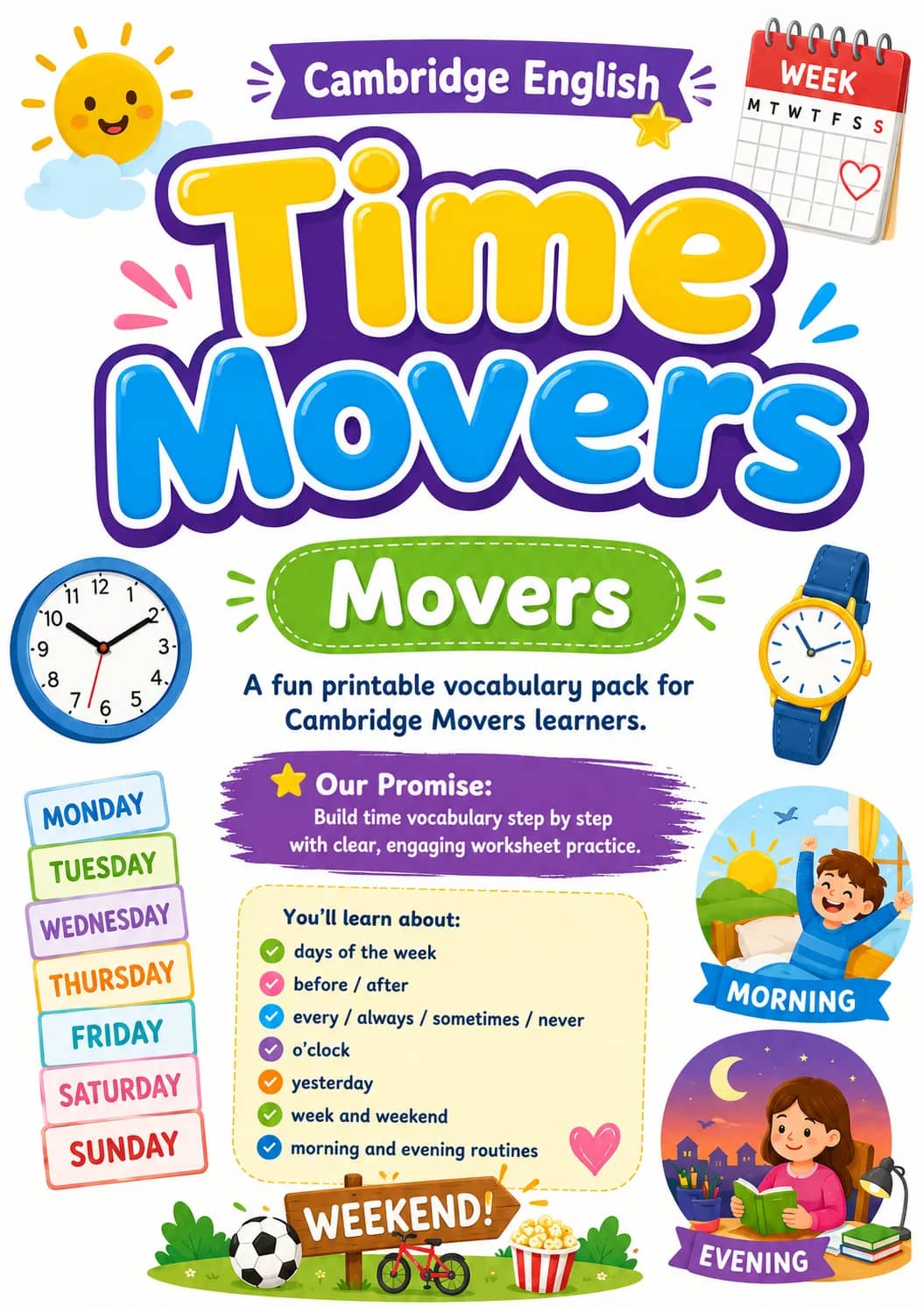Time Movers Vocabulary Worksheet Pack printable Movers English worksheet pack preview from KiwiBee
