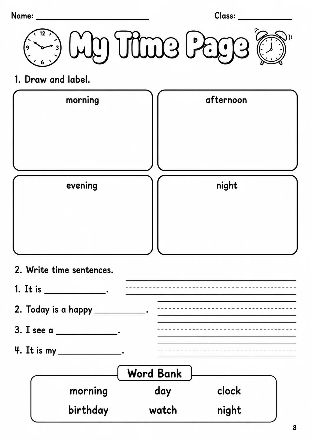 Time Starters Vocabulary Worksheet Pack page 10 printable worksheet preview