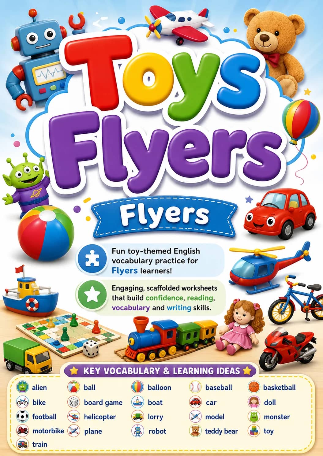 Toys Flyers Vocabulary Worksheet Pack printable Flyers English worksheet pack preview from KiwiBee