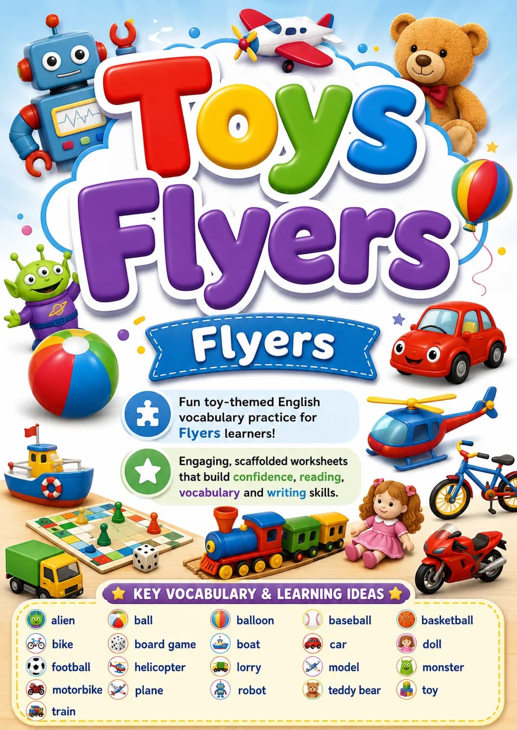 Toys Flyers Vocabulary Worksheet Pack printable Flyers English worksheet pack preview from KiwiBee