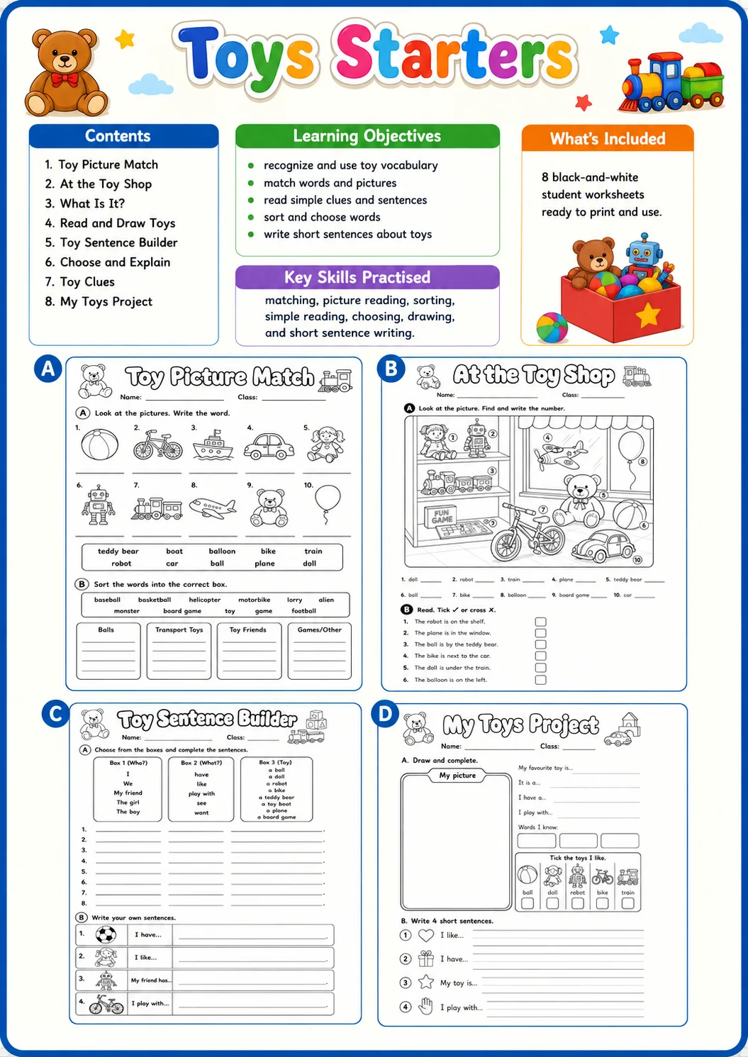 Toys Starters Vocabulary Worksheet Pack page 2 printable worksheet preview