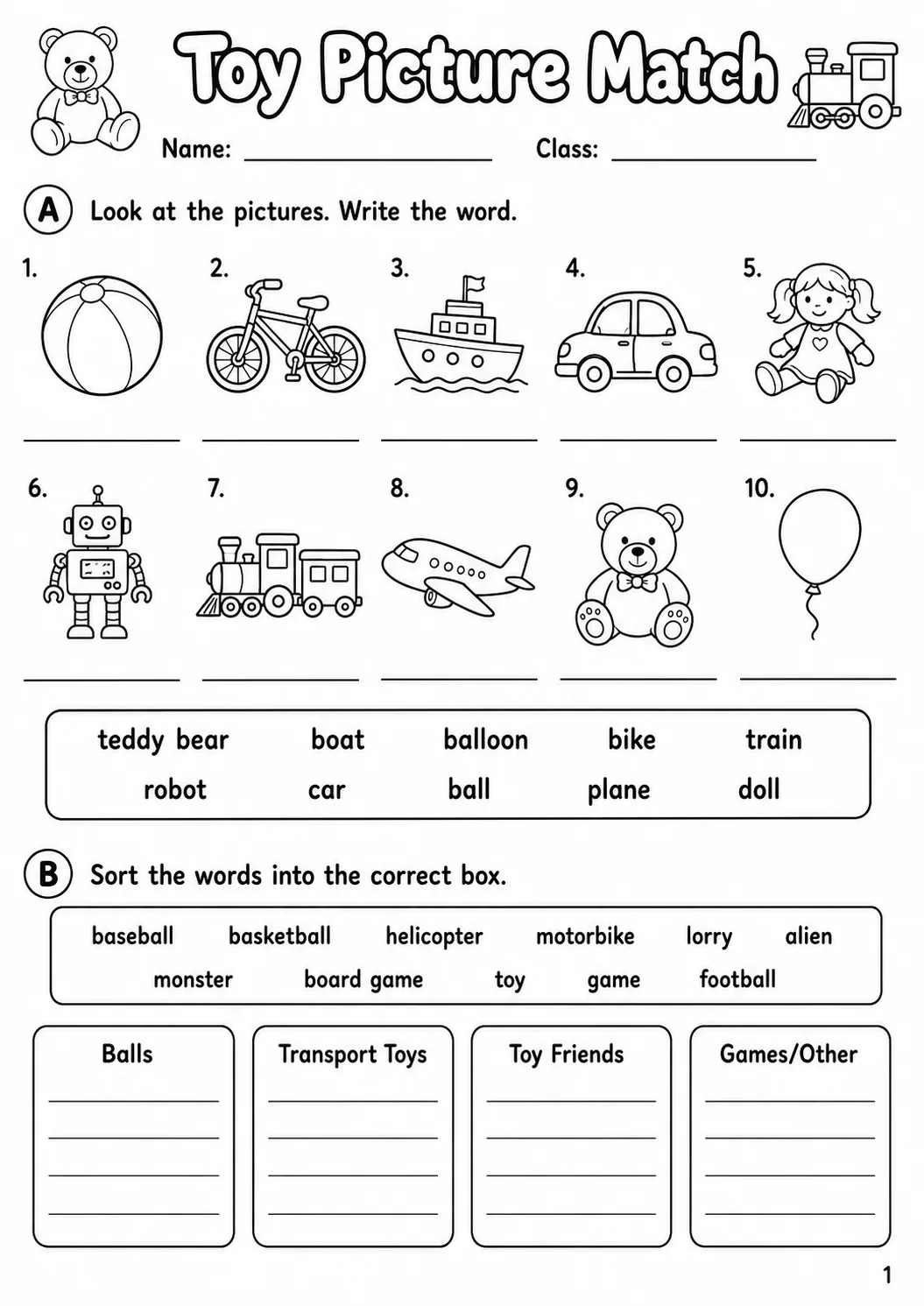 Toys Starters Vocabulary Worksheet Pack page 3 printable worksheet preview