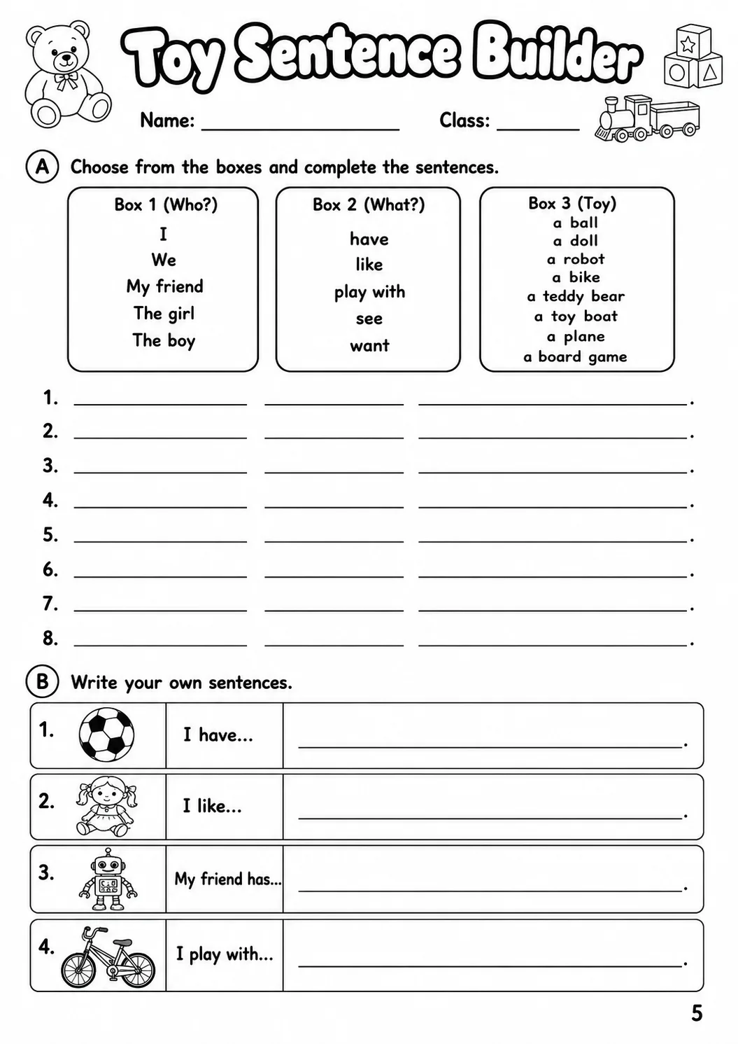 Toys Starters Vocabulary Worksheet Pack page 7 printable worksheet preview
